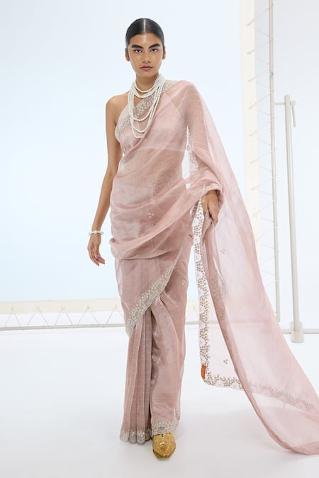 Ekaya Banaras_Mauve Tissue Pearls Handwoven Crushed Silk Saree _Online_at_Aza_Fashions