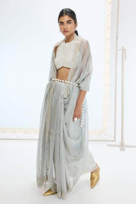 Ekaya Banaras_Green Tissue Pearls Handwoven Crushed Silk Saree Set _Online_at_Aza_Fashions