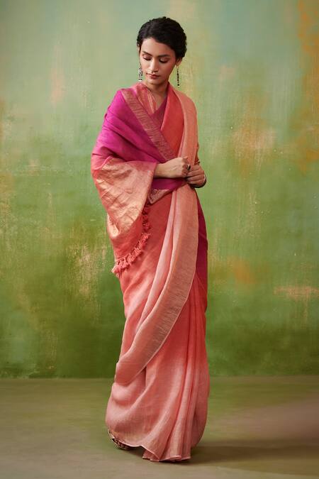 Dressfolk_Multi Color Linen V-neck Ombre Magenta Handloom Saree_at_Aza_Fashions