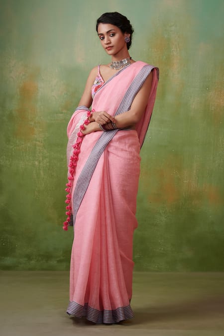 Dressfolk Handloom Linen Pink Saree Set 