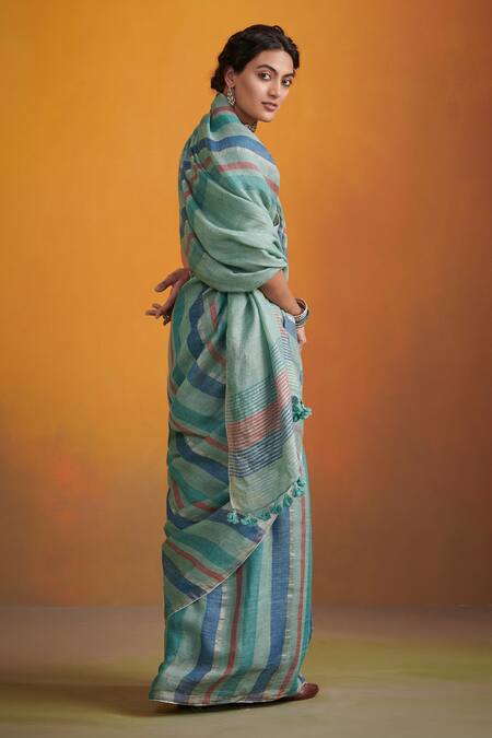 Dressfolk_Green Handloom Cotton Round Neck Linen And Blue Saree Set_at_Aza_Fashions