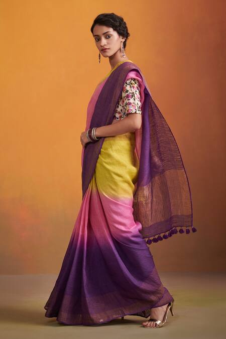 Dressfolk_Multi Color Linen Tassels V-neck Lime Green And Purple Handloom Saree Set_at_Aza_Fashions