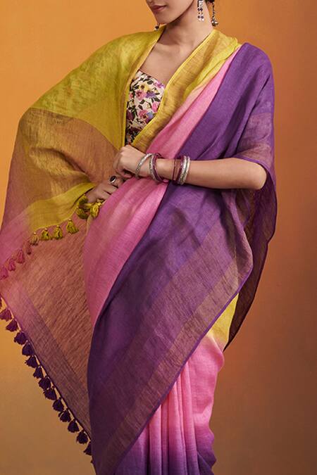Buy_Dressfolk_Multi Color Linen Tassels V-neck Lime Green And Purple Handloom Saree Set