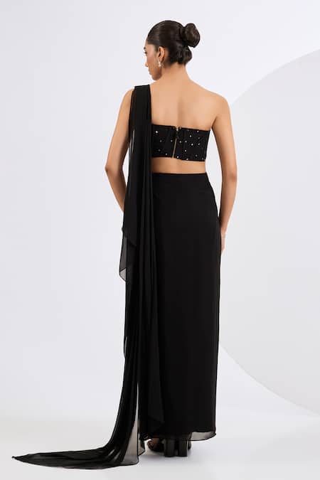 Neha Khullar Black Cutdana Embellished Pre-Draped Saree Set 