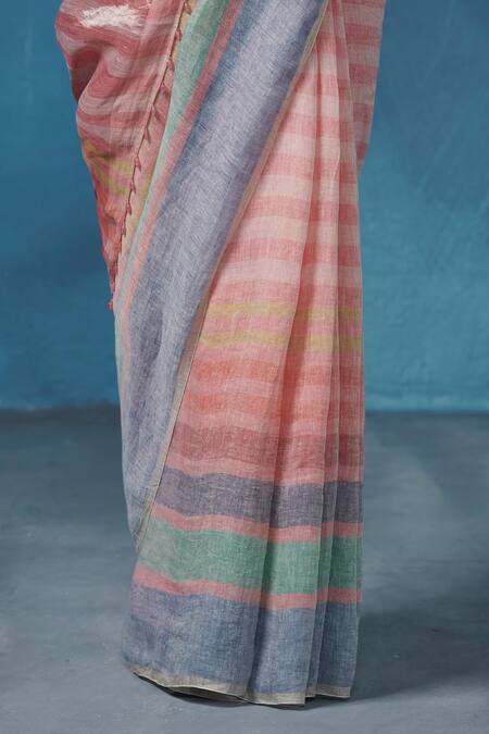 Dressfolk_Pink Linen Round Neck Multi-color Handloom Saree_at_Aza_Fashions