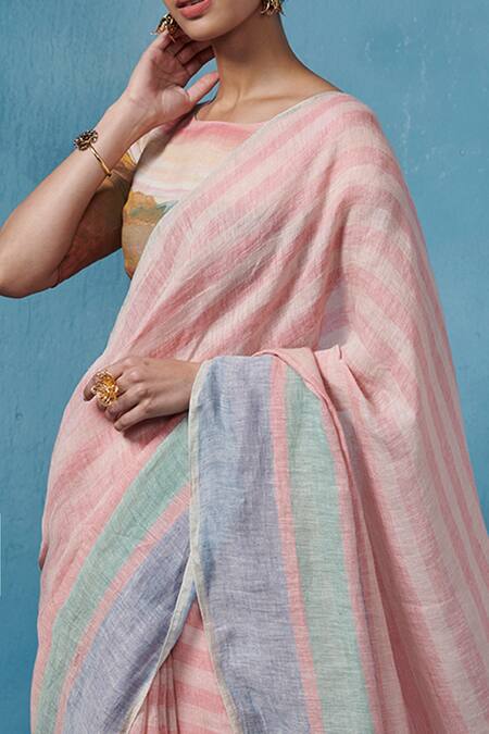 Buy_Dressfolk_Pink Linen Round Neck Multi-color Handloom Saree