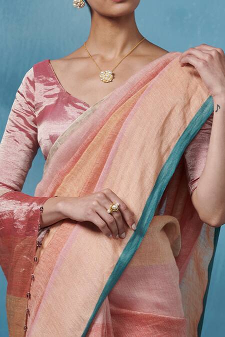 Dressfolk_Multi Color Linen Round Neck Handloom Designer Saree Set_at_Aza_Fashions