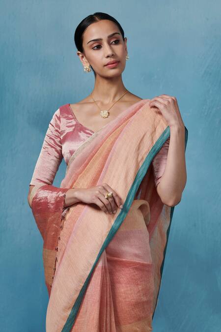Buy_Dressfolk_Multi Color Linen Round Neck Handloom Designer Saree Set