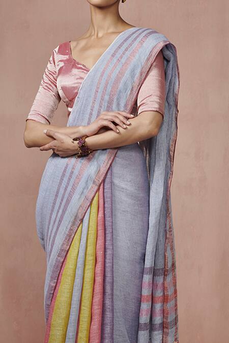 Dressfolk_Multi Color Linen V-neck Multi-color Handloom Saree Set_at_Aza_Fashions