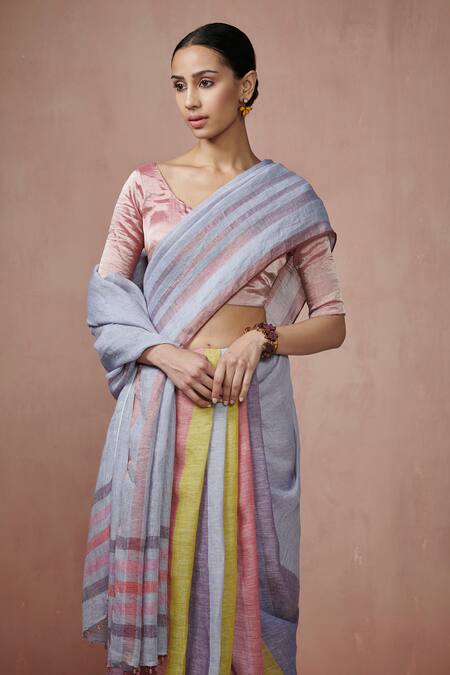 Buy_Dressfolk_Multi Color Linen V-neck Multi-color Handloom Saree Set