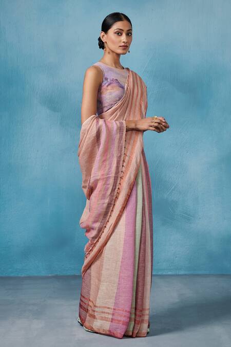 Dressfolk_Pink Linen Round Neck Pastel Handloom Saree And Blouse_at_Aza_Fashions