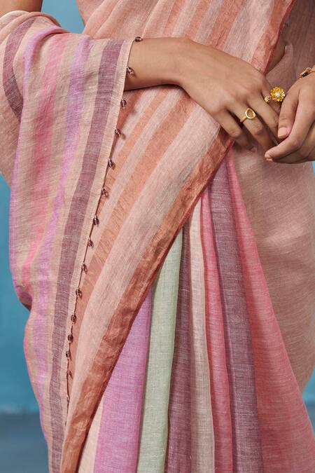 Buy_Dressfolk_Pink Linen Round Neck Pastel Handloom Saree And Blouse