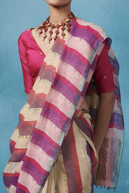 Buy_Dressfolk_Multi Color Linen V-neck Multi-color Handloom Saree Set