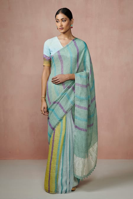 Dressfolk Blue Linen V-neck Handloom Saree With Blouse 