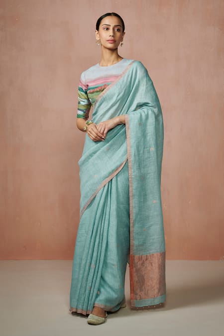 Dressfolk Blue Linen Round Neck Handloom Saree Set
