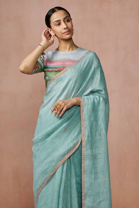 Buy_Dressfolk_Blue Linen Round Neck Handloom Saree Set