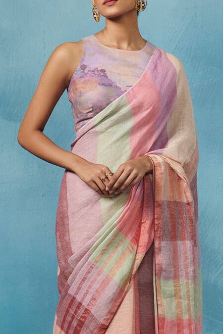Dressfolk_Multi Color Linen Round Neck Multi-color Handloom Saree Set_at_Aza_Fashions