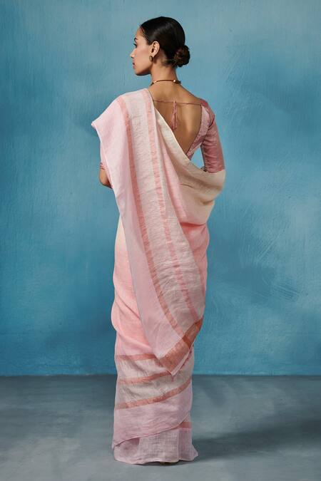Shop Dressfolk Pink Linen V-neck Handloom Saree Set at Aza Fashions Shop_Dressfolk_Pink Linen V-neck Handloom Saree Set_at_Aza_Fashions