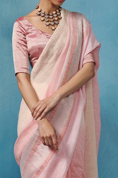 Dressfolk Pink Linen V-neck Handloom Saree Set at Aza Fashions Dressfolk_Pink Linen V-neck Handloom Saree Set_at_Aza_Fashions