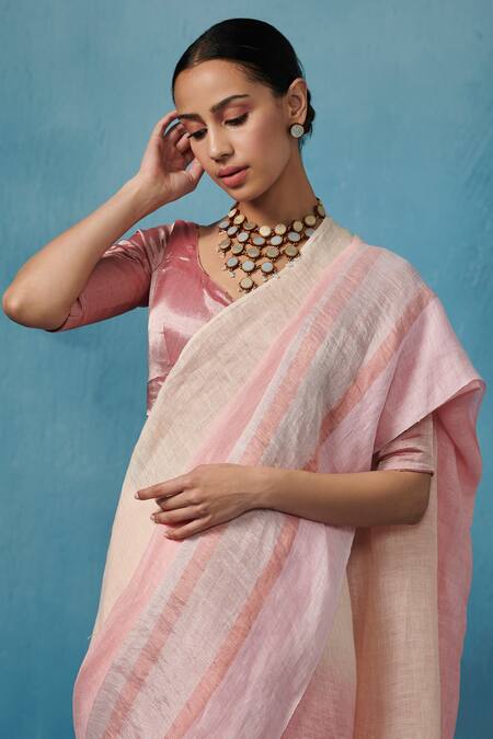 Buy Dressfolk Pink Linen V-neck Handloom Saree Set Buy_Dressfolk_Pink Linen V-neck Handloom Saree Set