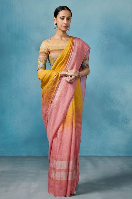 Dressfolk Handloom Linen Pink & Yellow Saree Set 