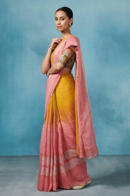 Dressfolk_Pink Linen Beads Round Neck Handloom And Yellow Saree Set_at_Aza_Fashions