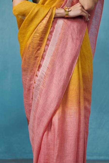 Buy_Dressfolk_Pink Linen Beads Round Neck Handloom And Yellow Saree Set