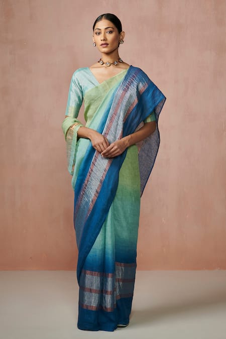 Dressfolk Multi Color Linen V-neck Handloom Designer Saree Set