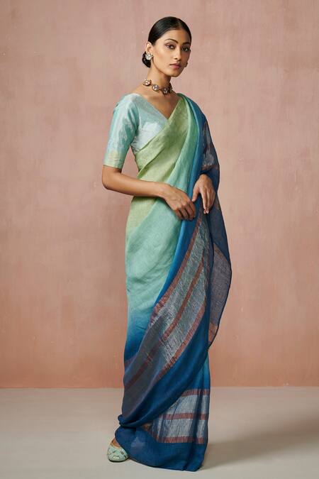 Buy_Dressfolk_Multi Color Linen V-neck Handloom Designer Saree Set