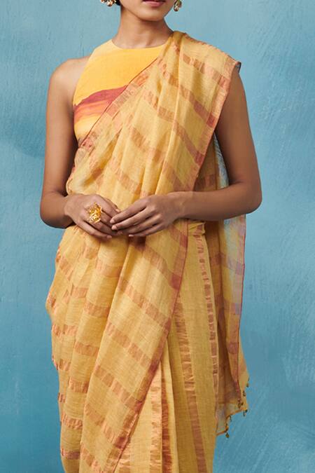 Dressfolk_Yellow Linen Round Neck Handloom Saree Set_at_Aza_Fashions