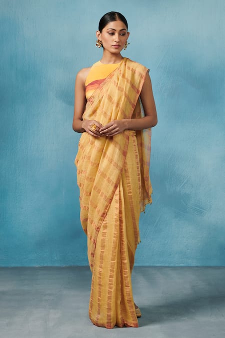 Dressfolk Yellow Handloom Linen Saree Set 