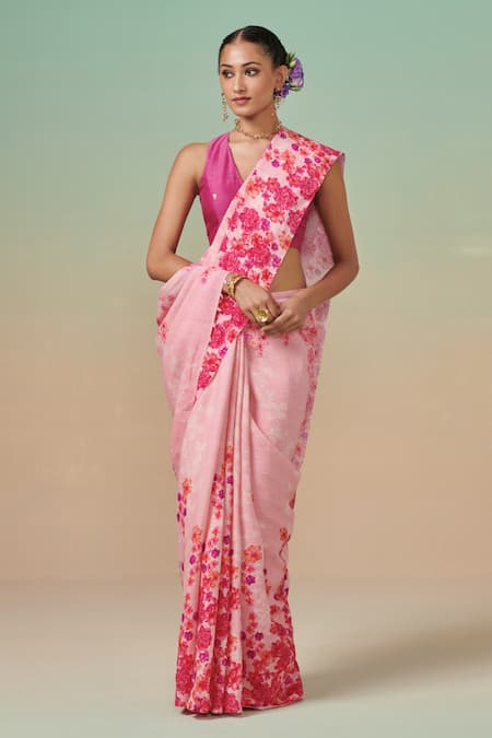 Dressfolk Pink Linen V-neck Floral Handloom Saree Set