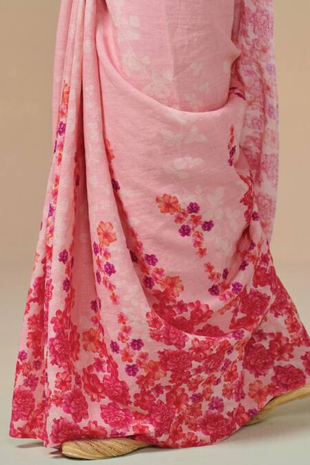 Buy_Dressfolk_Pink Linen V-neck Floral Handloom Saree Set