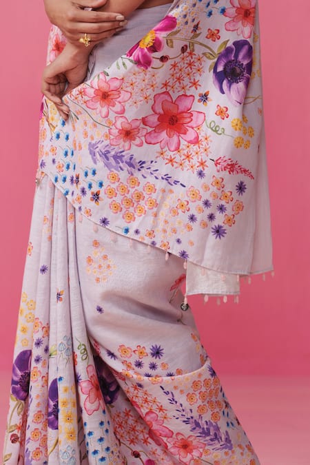 Shop_Dressfolk_Multi Color Linen V-neck Light Blue Pink Ombre Handloom Saree