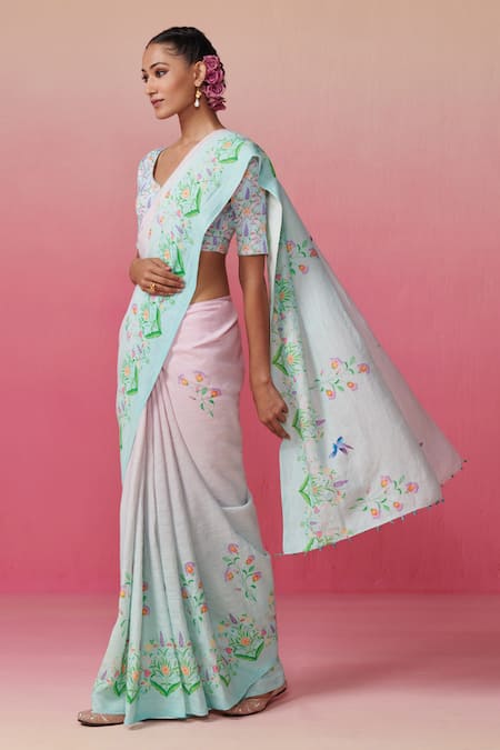Dressfolk_Blue Linen Embroidery Round Neck Light Pink Ombre Handloom Saree_at_Aza_Fashions