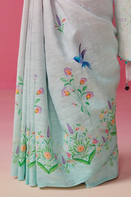Shop_Dressfolk_Blue Linen Embroidery Round Neck Light Pink Ombre Handloom Saree