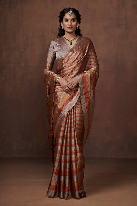 Shop_Dressfolk_Gold Handloom Cotton Round Neck Tissue Designer Saree With Blouse
