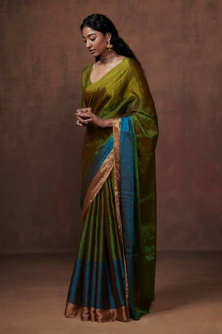 Dressfolk_Green Tissue V-neck Handloom And Olive Saree Set_at_Aza_Fashions
