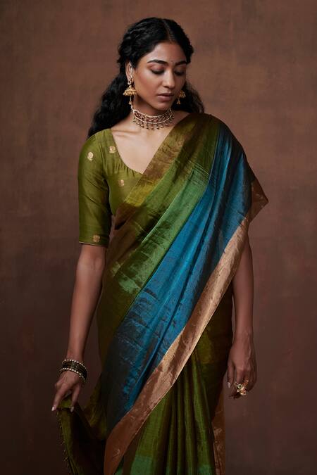 Buy_Dressfolk_Green Tissue V-neck Handloom And Olive Saree Set