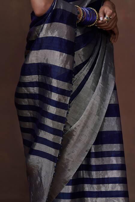 Dressfolk_Blue Tissue V-neck And Silver Handloom Saree_at_Aza_Fashions