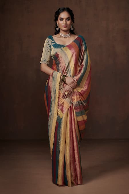 Dressfolk Multi Color Tissue Round Neck Multi-color Handloom Saree Set 