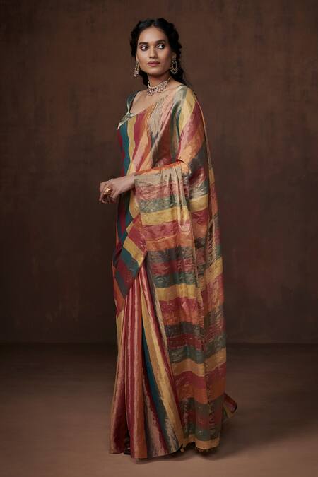 Dressfolk_Multi Color Tissue Round Neck Multi-color Handloom Saree Set_at_Aza_Fashions