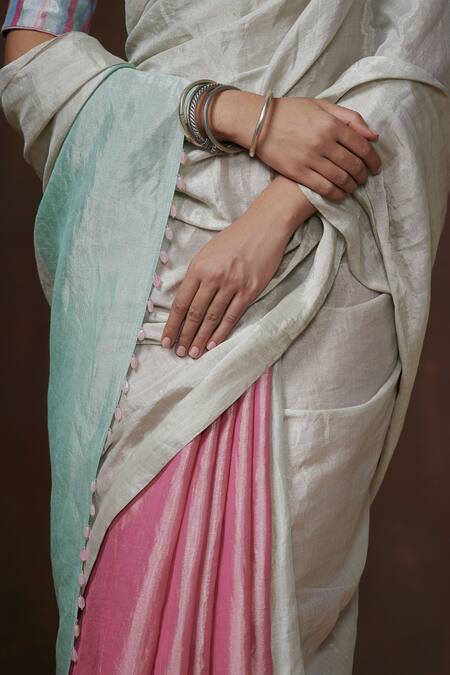 Shop_Dressfolk_Pink Tissue V-neck Handloom Saree With Blouse