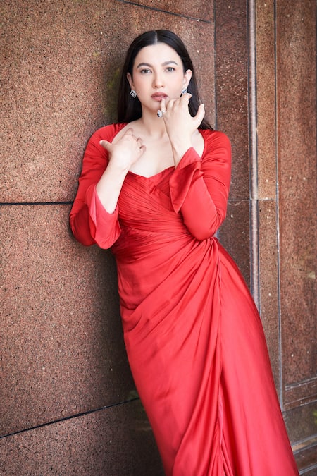 Shop_Aroka_Red Modal, Satin Sweetheart Neck Grace Ruched Dress 