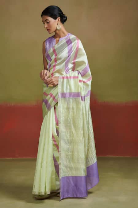 Dressfolk Green Silk Round Neck Pastel Handloom Saree Set