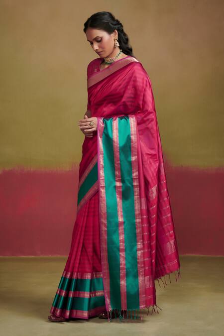 Dressfolk_Pink Silk Zari V-neck Handloom Saree Set_at_Aza_Fashions
