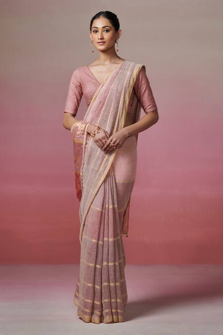 Dressfolk_Multi Color Linen V-neck Handloom Saree And Padded Blouse Set_at_Aza_Fashions