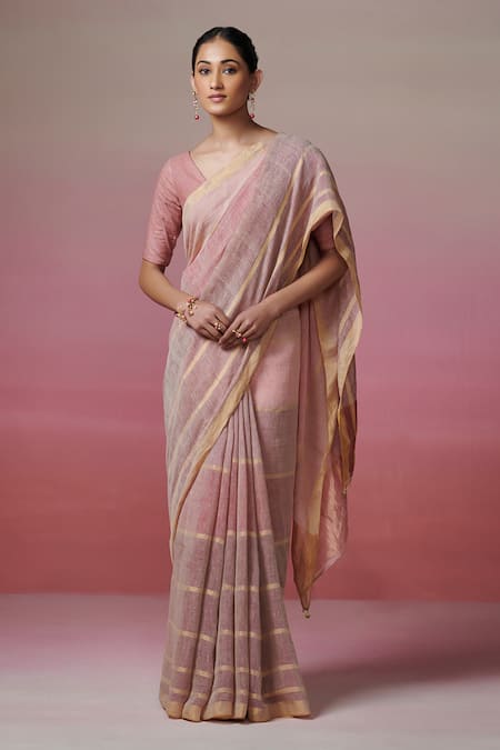 Dressfolk Multi Color Linen V-neck Handloom Saree And Padded Blouse Set 