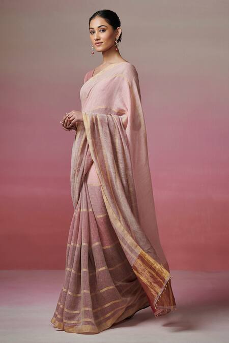 Buy_Dressfolk_Multi Color Linen V-neck Handloom Saree And Padded Blouse Set