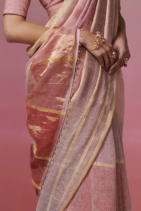 Shop_Dressfolk_Multi Color Linen V-neck Handloom Saree And Padded Blouse Set